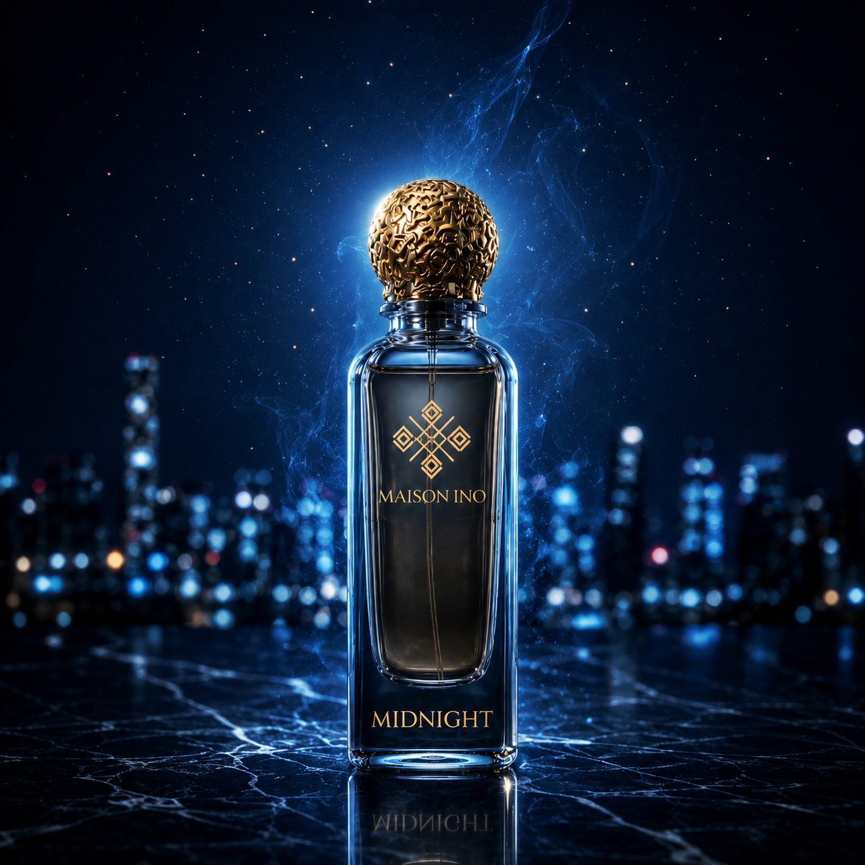Flacon parfum niche Midnight 85ml — fond urbain nuit skyline bleu électrique reflets marbre — Maison Ino