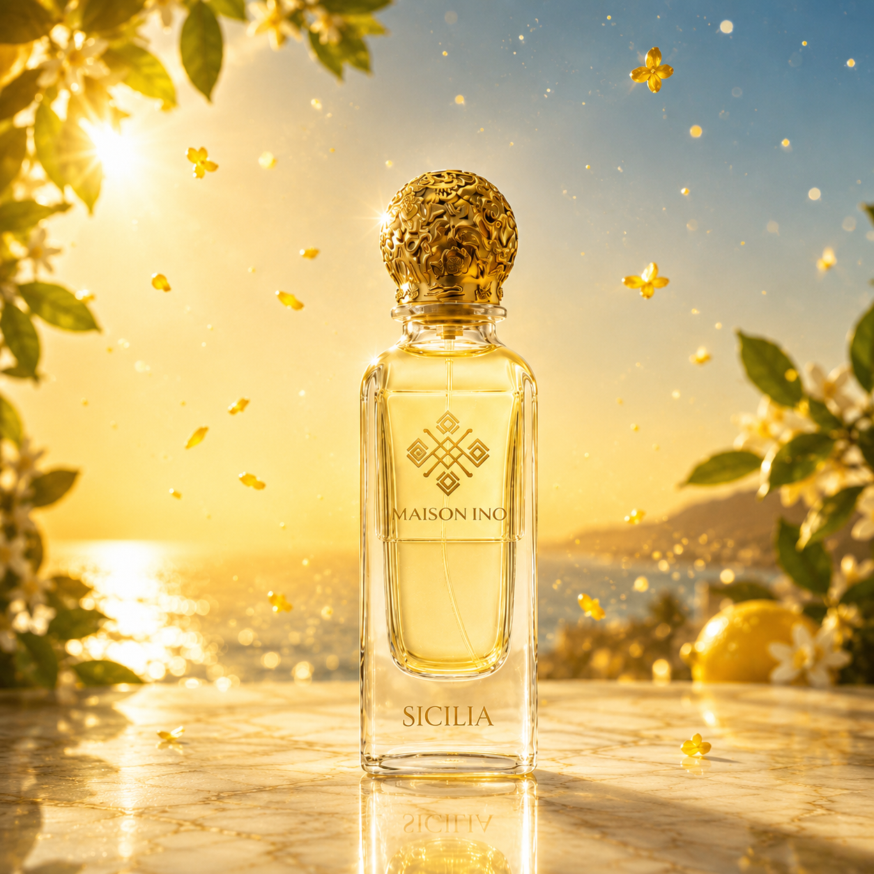 Flacon parfum niche Sicilia 85ml — coucher de soleil méditerranéen fleurs d'agrumes dorées — Maison Ino