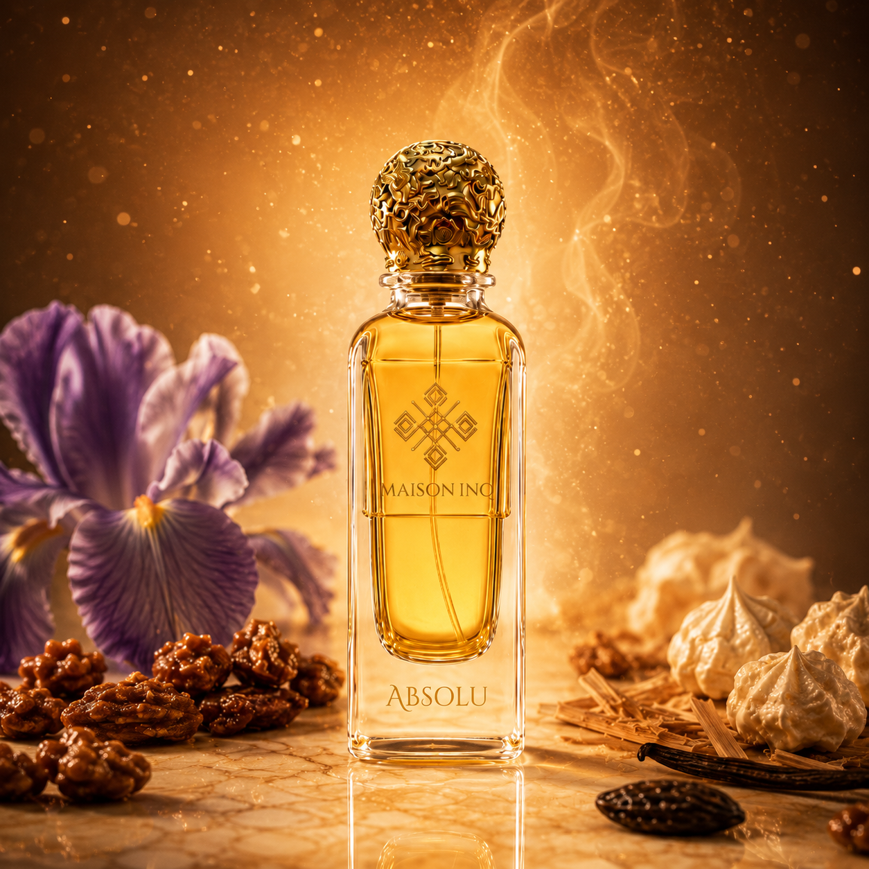 Flacon parfum niche Absolu 85ml Maison Ino — ambiance iris violet noix pralinées meringue vanille fond doré — inspiré Kryptonite Absolu