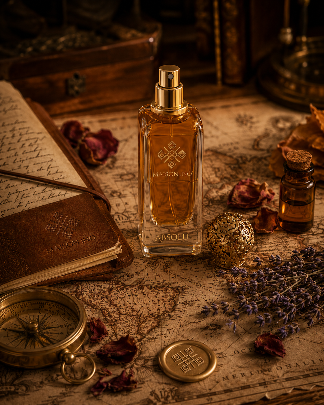 Flacon parfum niche Absolu 85ml Maison Ino — ambiance vintage carte ancienne boussole roses séchées lavande — inspiré Kryptonite Absolu
