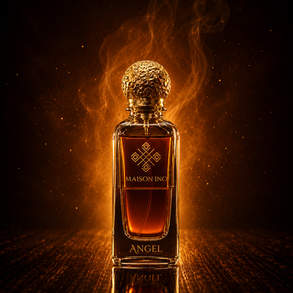 Flacon parfum niche Angel 85ml Maison Ino — flammes dorées fumée intense fond sombre dramatique — inspiré Angel Share