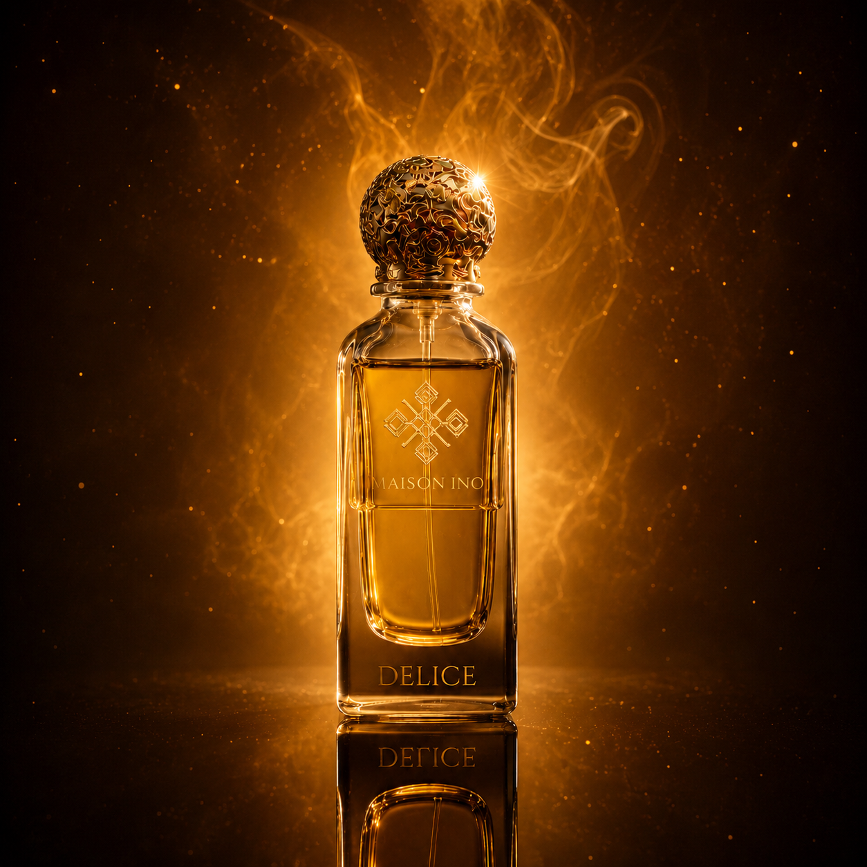 Flacon parfum niche Délice 85ml — énergie dorée flammes ambrées fond noir reflet — Maison Ino