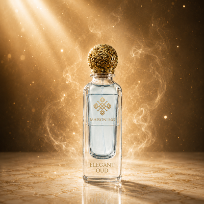 Flacon parfum niche Elegant Oud 85ml — lumière dorée ambiance luxe oriental — Maison Ino