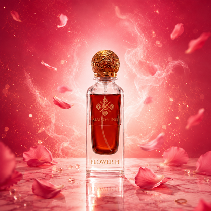 Flacon parfum niche Flower H 85ml — pétales roses en envol fond rose fuchsia marbre — Maison Ino
