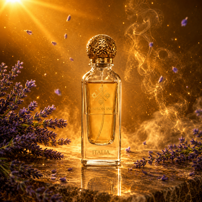 Flacon parfum niche Italia 85ml — lavande fumée dorée lumière rayonnante fond sombre — Maison Ino
