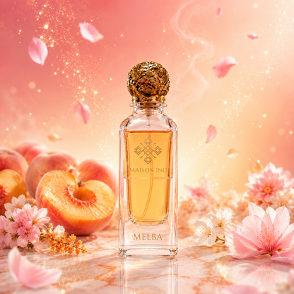 Flacon parfum niche Melba 85ml Maison Ino — pétales cerisier rose pêches fond doré rosé scintillant — inspiré Akatsuki Melba