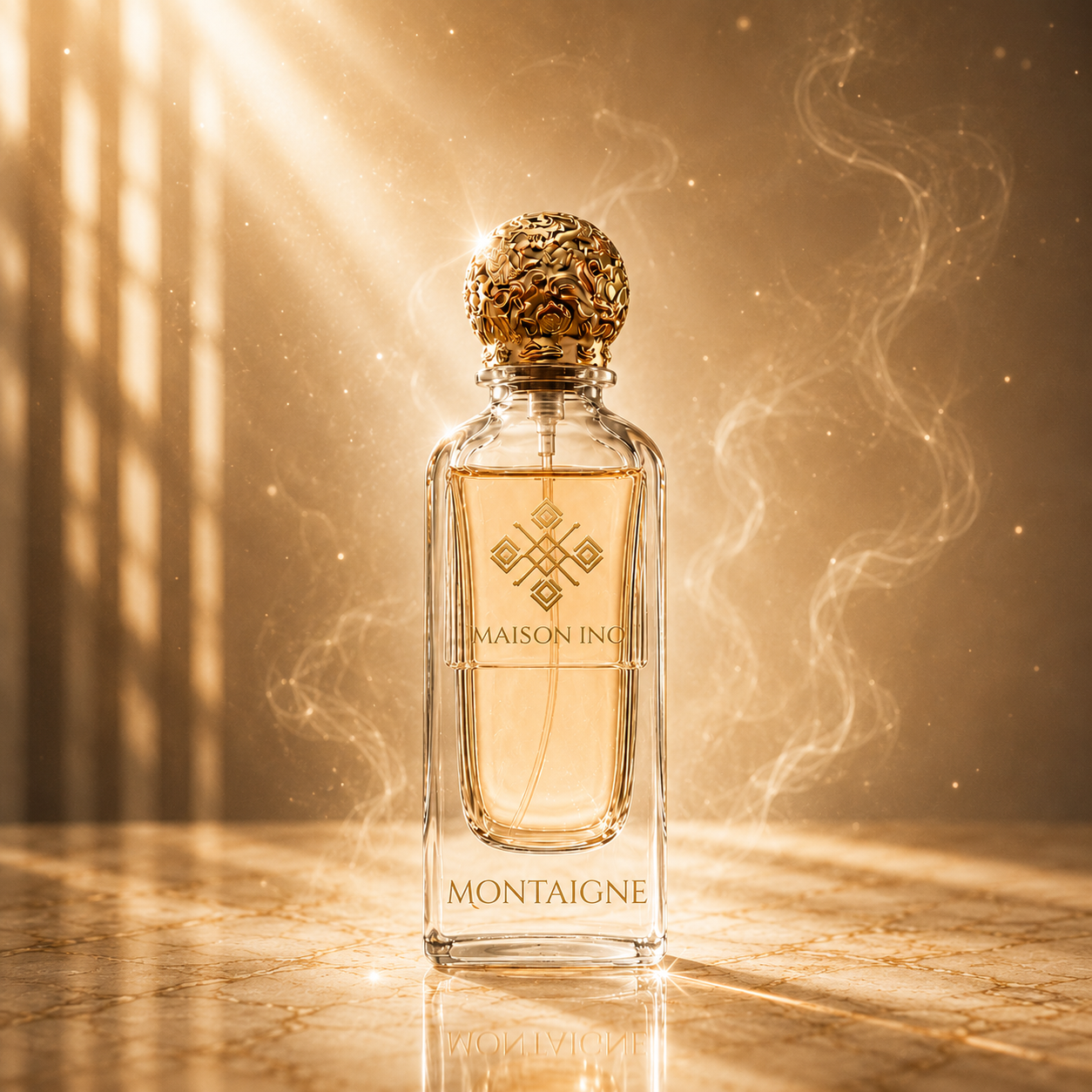 Flacon parfum niche Montaigne 85ml — rayons dorés fumée ambiance luxe boisé — Maison Ino