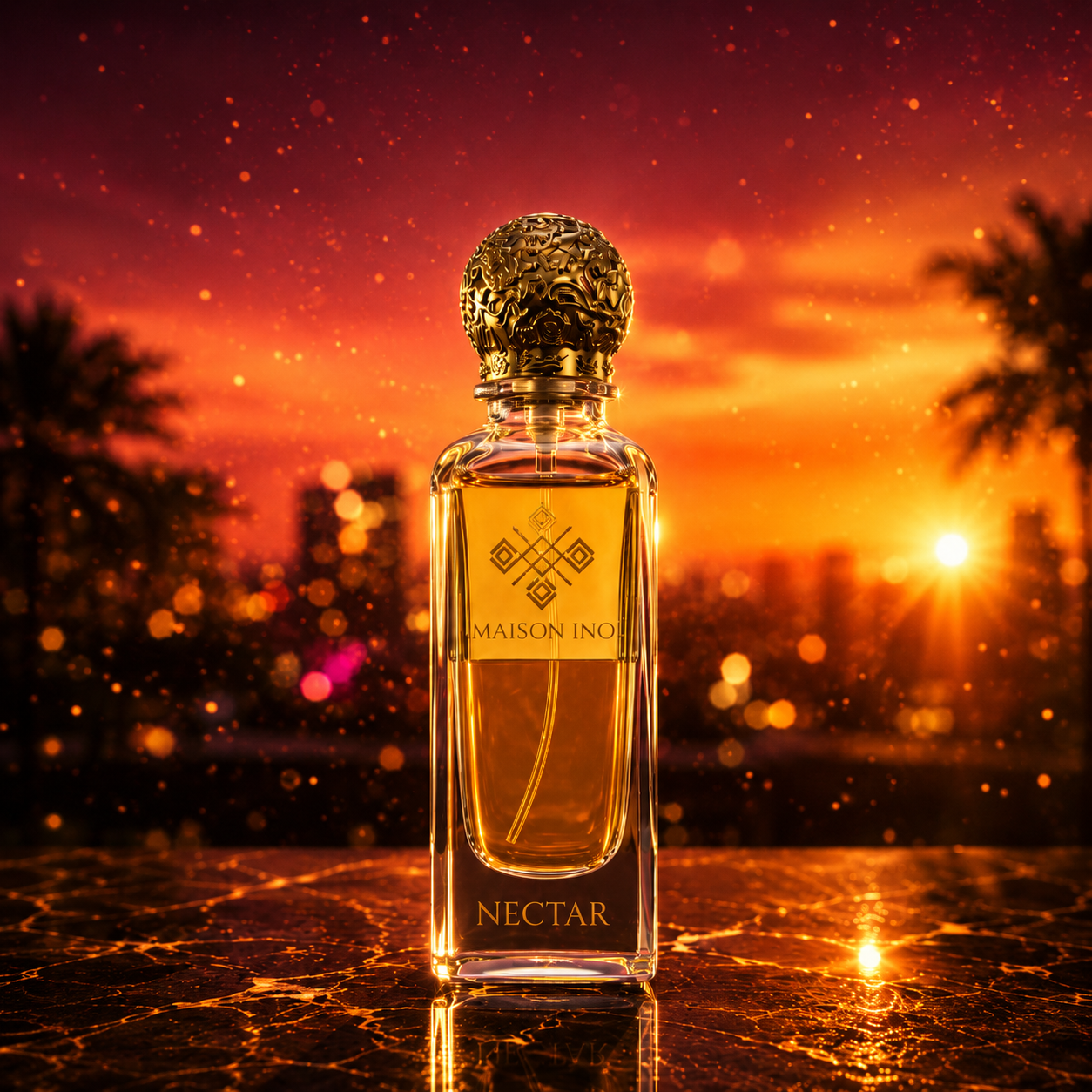 Flacon parfum niche Nectar 85ml — coucher soleil rouge orangé palmiers bokeh doré fond dramatique — Maison Ino