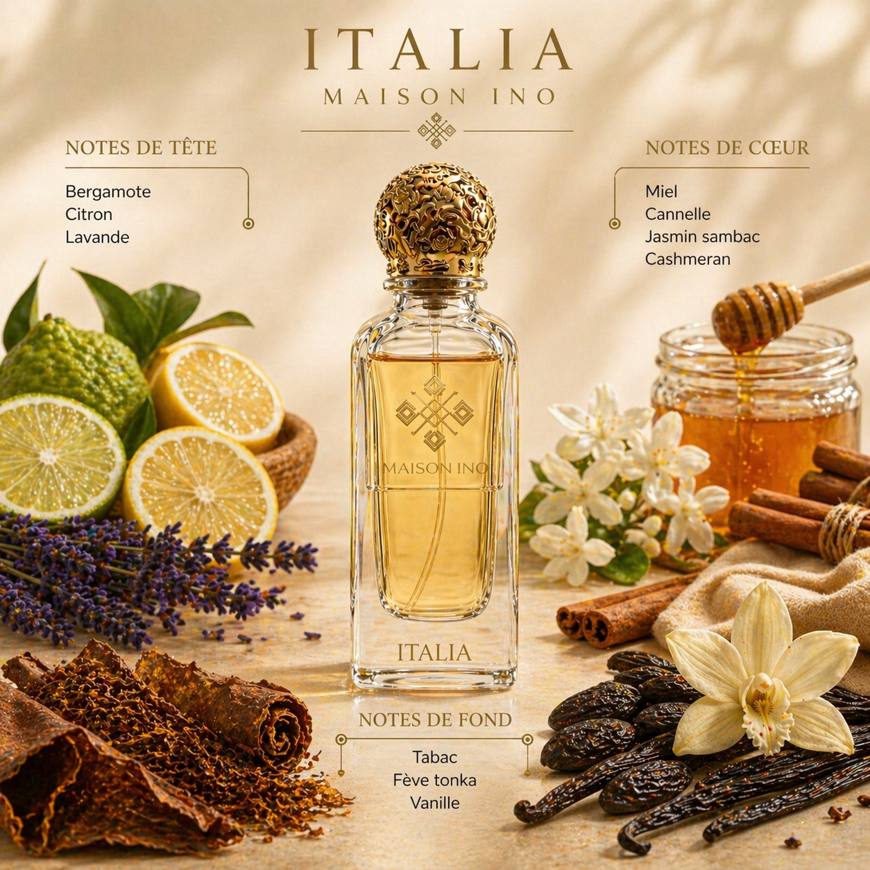 Notes olfactives Italia Maison Ino — tête bergamote citron lavande, cœur miel cannelle jasmin sambac cashmeran, fond tabac fève tonka vanille — pyramide parfum niche gourmand hespéridé