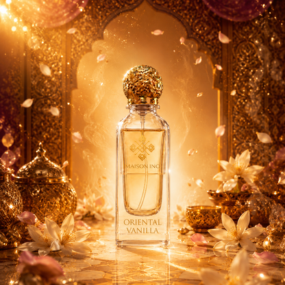 Flacon parfum niche Oriental Vanilla 85ml — décor oriental doré pétales fleurs lumière ambrée — Maison Ino
