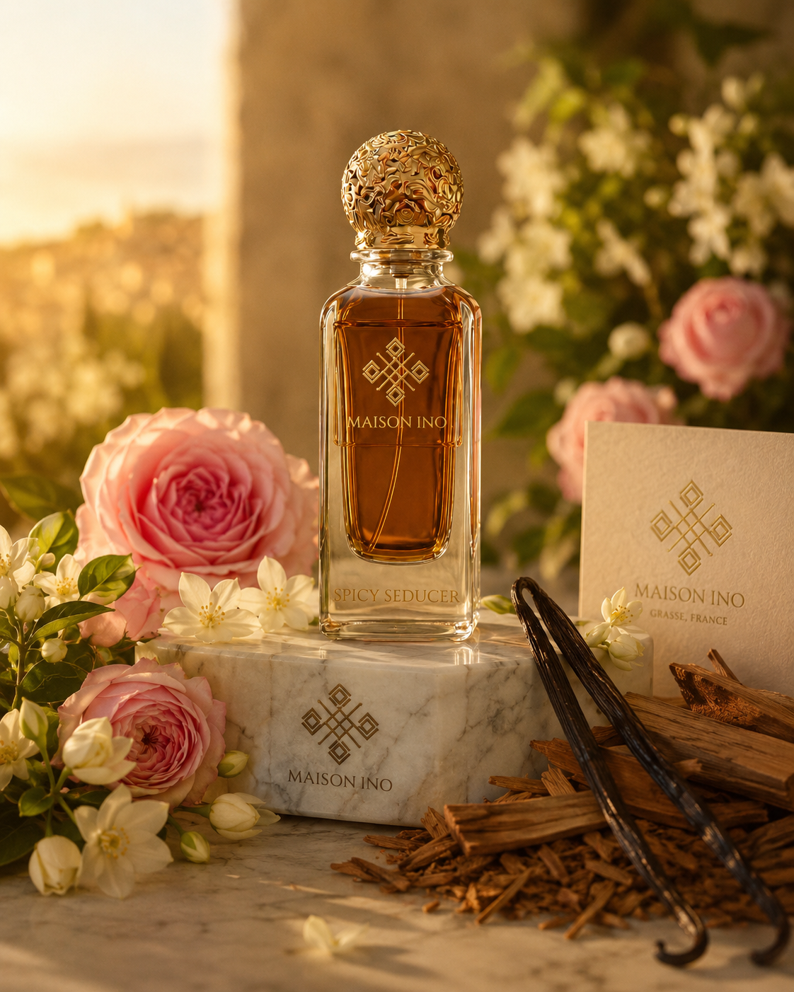 Flacon parfum niche Spicy Seducer 85ml Maison Ino — ambiance roses roses jasmin cannelle gousses de vanille — inspiré Tobacco Vanille