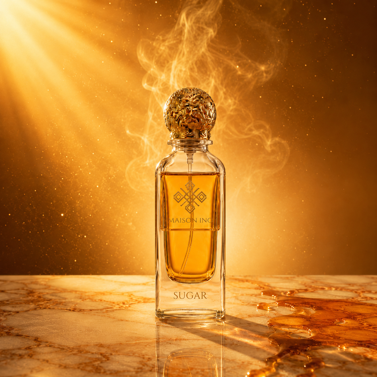 Flacon parfum niche Sugar 85ml — lumière dorée fumée ambrée sur marbre doré — Maison Ino
